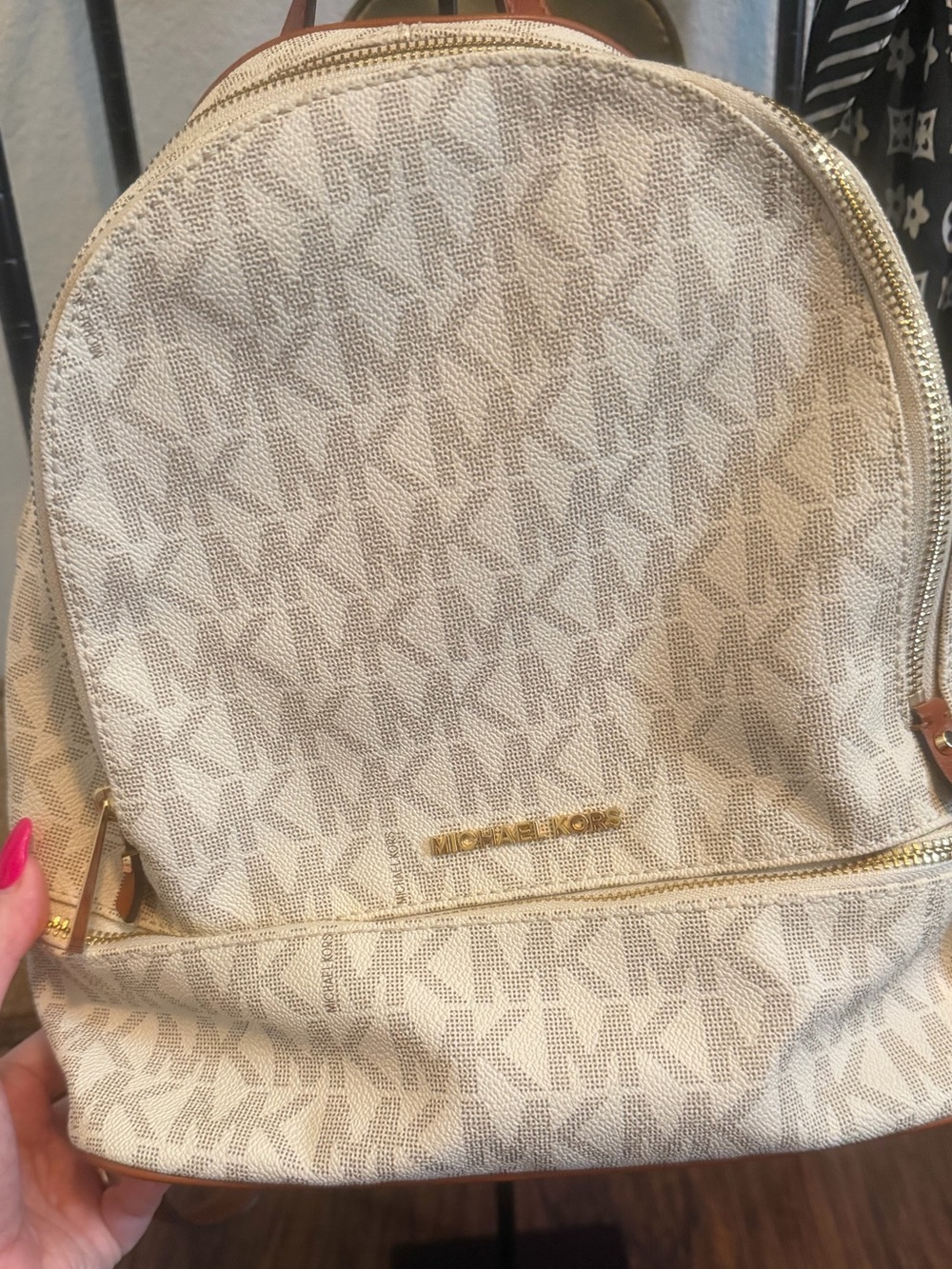 Michael Kors Cream Logo Backpack with Tan Leather Trim